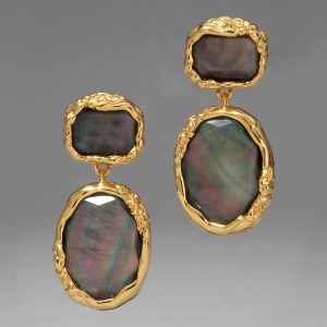 Brut Gold Bezel Drop Clip Earring- Black Mother of Pearl